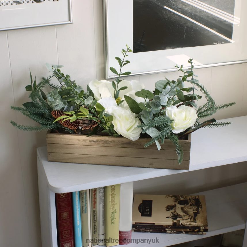 Greenery | National Tree Company Mixed Greens and White Flowers Christmas Arrangement with Wood Box Base 23 in F2L4F490